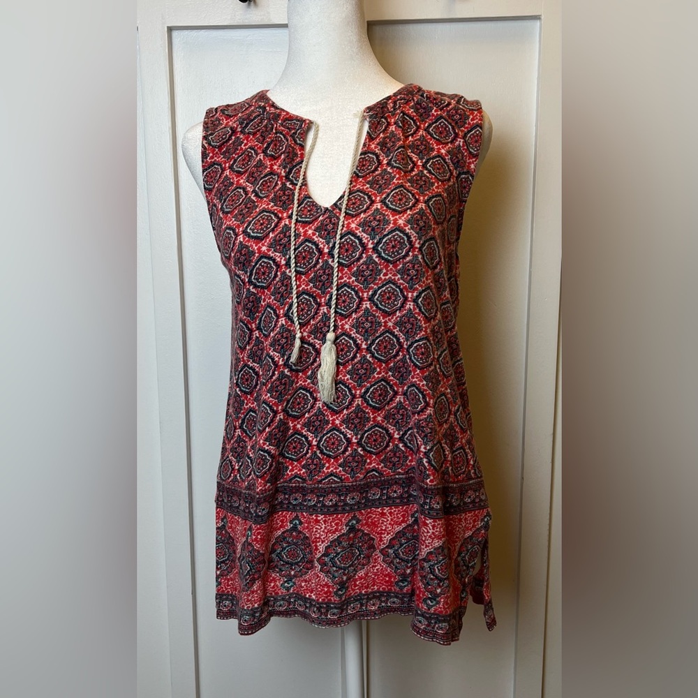 LUCKY BRAND Size Small Boho Embroidered Sleeveless Tassel Blouse Shirt Casual